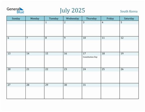 July 2025 Monthly Calendar with South Korea Holidays