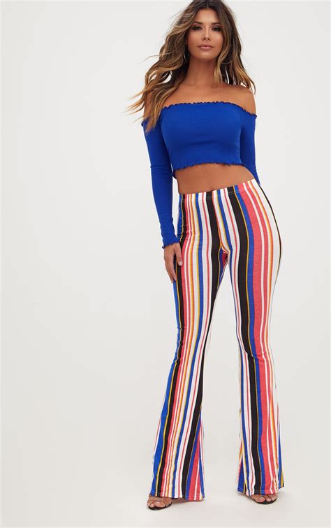 Multi Jersey Stripe Flared Pants Prettylittlething Usa