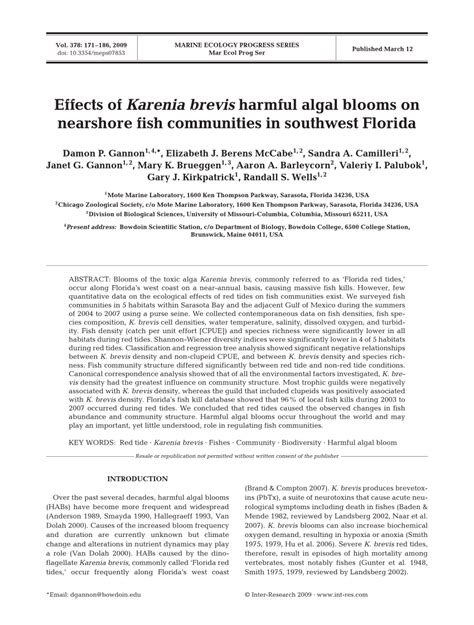 (PDF) Effects of Karenia brevis harmful algal blooms on nearshore fish communities in southwest ...