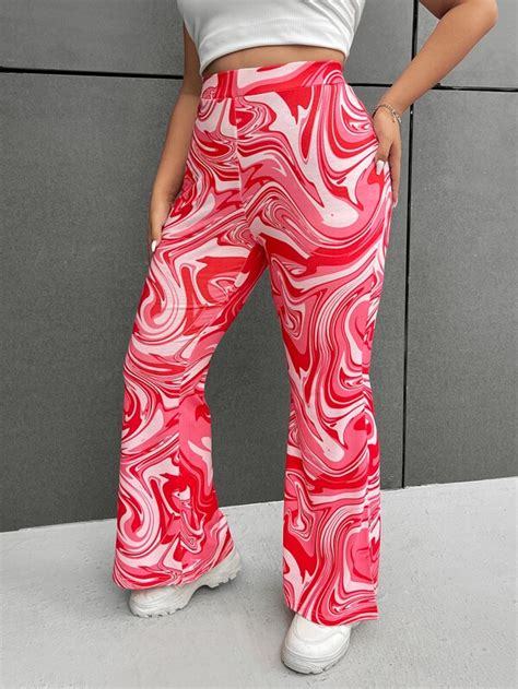 SHEIN EZwear Plus Marble Print Flare Leg Pants SHEIN USA