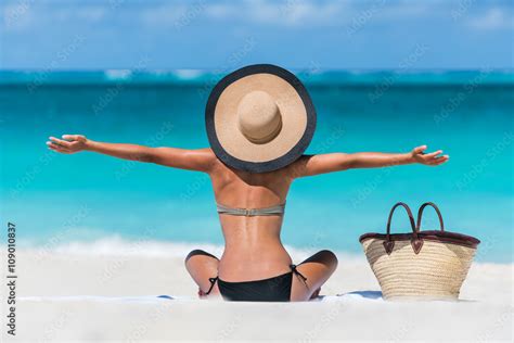 Summer Vacation Happy Carefree Joyful Bikini Woman Arms Outstretched In Happiness Enjoying