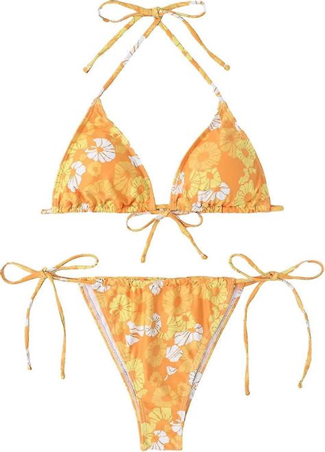 Women S Floral Print Bikini Sets Halter Tie Side Triangle Sexy Swimsuits Fruugo UK