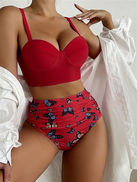 Butterfly Print Ruched Push Up Bikini Swimsuit