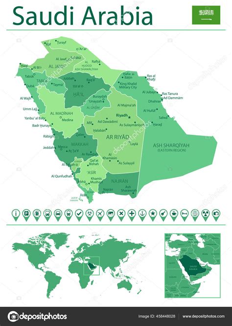 Detailed Map Saudi Arabia Country Flag Location World Map Vector Stock