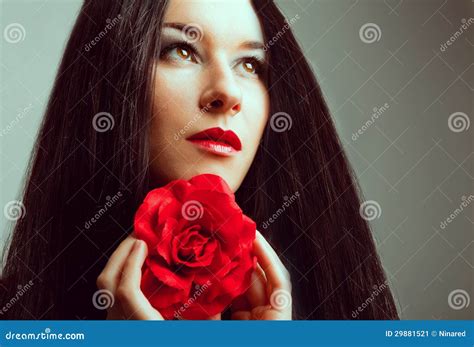 Close Up Portrait Of Beautiful Brunette Woman With Red Rose Stock Image Image Of Rose
