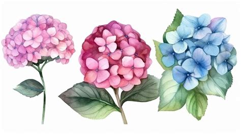 Conjunto De Hortensias Rosas Y Azules De Acuarela Pintadas A Mano