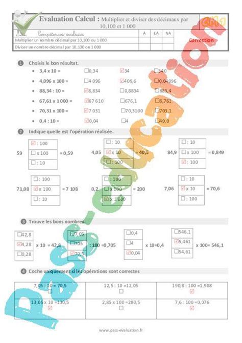 Multiplier et diviser des décimaux par 10 100 et 1000 au CM1