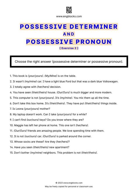 Possessive Determiner Vs Possessive Pronoun Exercise 2 Esl Worksheet Possessive Pronoun