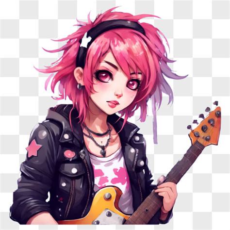 Download Kawaii Anime Girl Pink Hair Black Leather Jacket Electric Guitar Online Creative