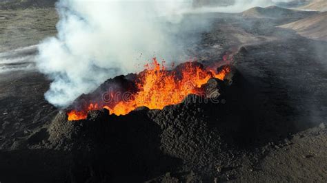 Volcano Eruption Red Hot Burning Lava Erupts From Ground Drone Fly Over Active Volcanic Crater