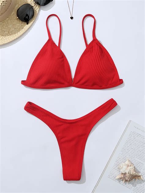 Shein Swim Basics Set Bikini Unicolor Con Sujetador Triangular Tejido