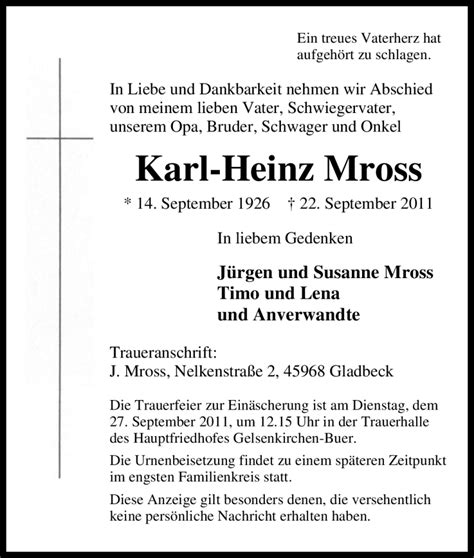 Traueranzeigen Von Karl Heinz Mross Trauer In Nrw De