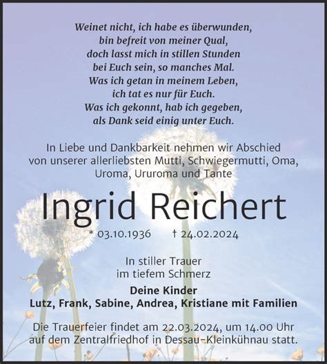 Traueranzeigen Von Ingrid Reichert Abschied Nehmen De