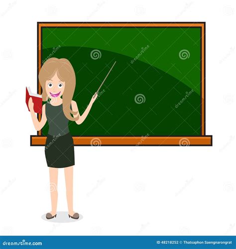 Illustration Of A Woman Teacher At A Chalkboard Holding Book And Stick