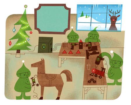 Stock Illustration - Elves in Santa Workshop