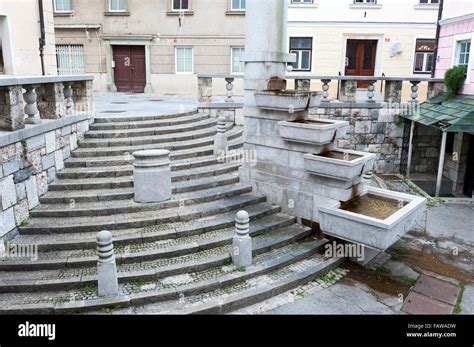 Stairs and fountain in Kranj, Upper Carniola Region, Slovenia Stock ...