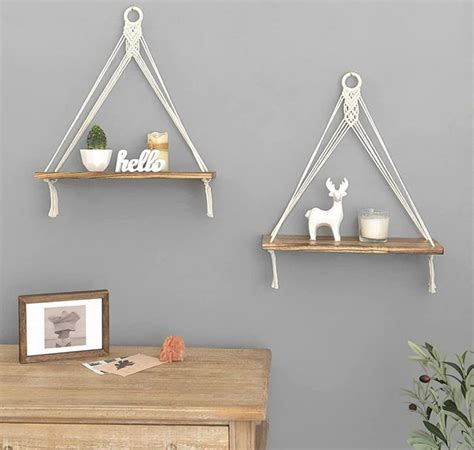 Mkono Macrame Hanging Shelves Boho Wall Decor Set Of 2 Rustic Wood