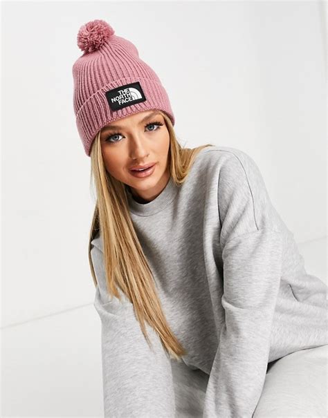 The North Face Logo Cuffed Pom Beanie In Pink Asos