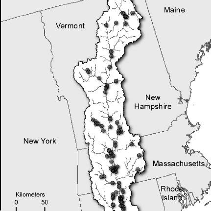 Map of Connecticut River watershed showing flood control dams and flow ...