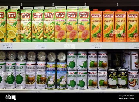 Display Of Cartons Of Tropical Fruit Juice Incl Tamarind Juice Coconut