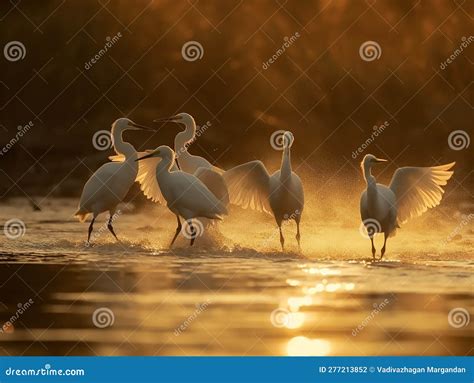 Egret Dance In The Golden Morning Light Stock Illustration