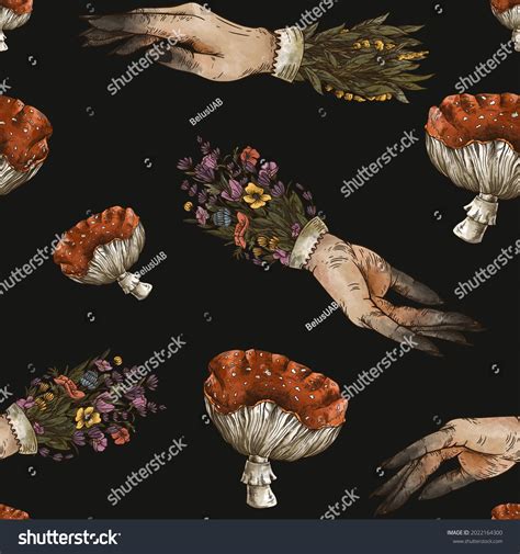 Vintage Magic Plants Seamless Pattern Amanita Stock Illustration