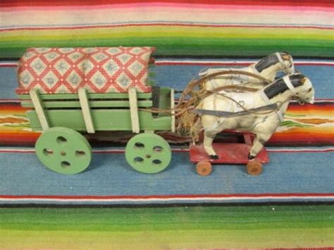 Old Antique Primitive Folk Art Wood Wagon With Pair Of Horses Used