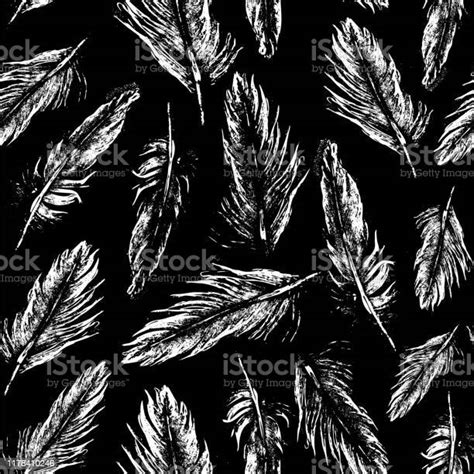 Black And White Feather Seamless Pattern Vector Background Design Stock