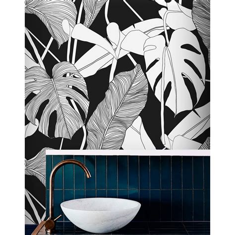 Large leaves wallpaper, monochrome tropical pattern