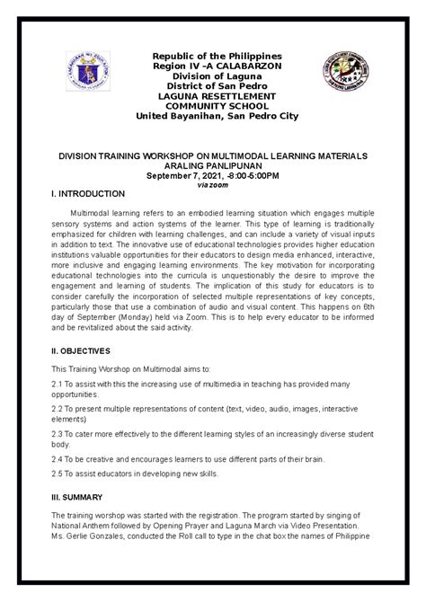 Narrative Report ON AP Division Training Workshop - Republic of the