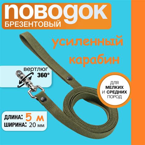 Поводок брезентовый 5 м х 20 мм, усиленный цилиндрический карабин, для ...