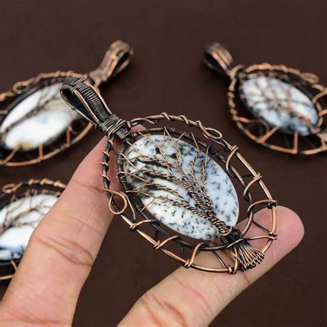 Pendentif Arbre De Vie En Fil De Cuivre Fait La Main Opale Dendrite