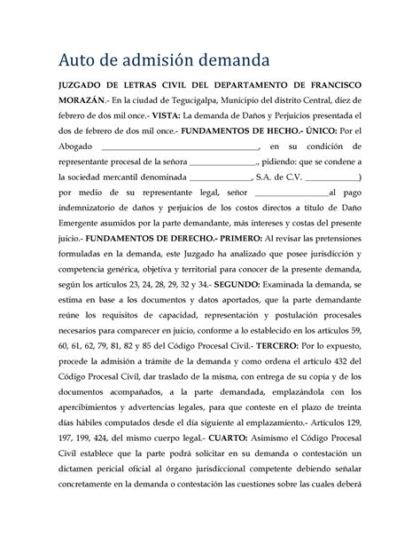 Auto De Admision Demanda De Dac B Os Perjuicios Auto De Admisi N