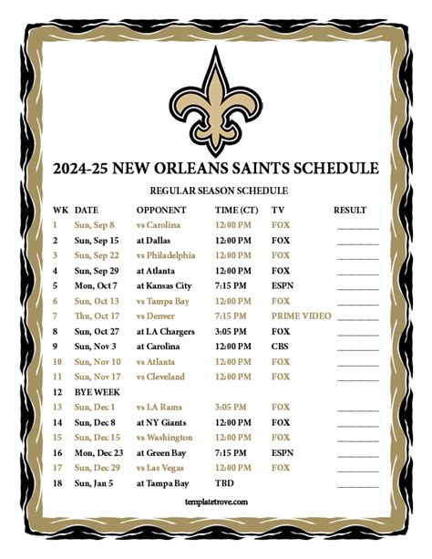 Printable 2024-2025 New Orleans Saints Schedule