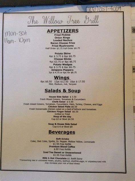 Menu at The Willow Tree Grill restaurant, Summerville