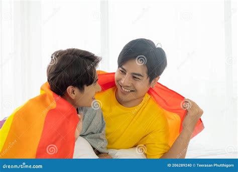 Selective Focus At Face Handsome Young Asian Gay Homosexual Couple Hug And Embrace On The Bed