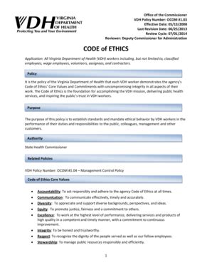 Fillable Online Vdh State Va Vdh Code Of Ethics Virginia Department