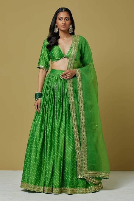 Buy Green Chanderi Printed Bandhani V Neck Blouse And Lehenga Set For