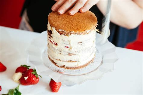 Woman Making The Naked Cake Stock Photo Image Of Cooking Icing