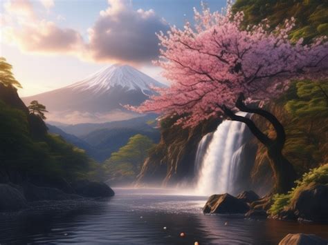 Premium Photo | Cherry blossom landscape wallpaper