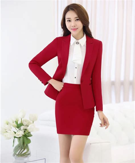 Novelty Red Professional Work Wear Suits With Jackets And Skirt Ladies