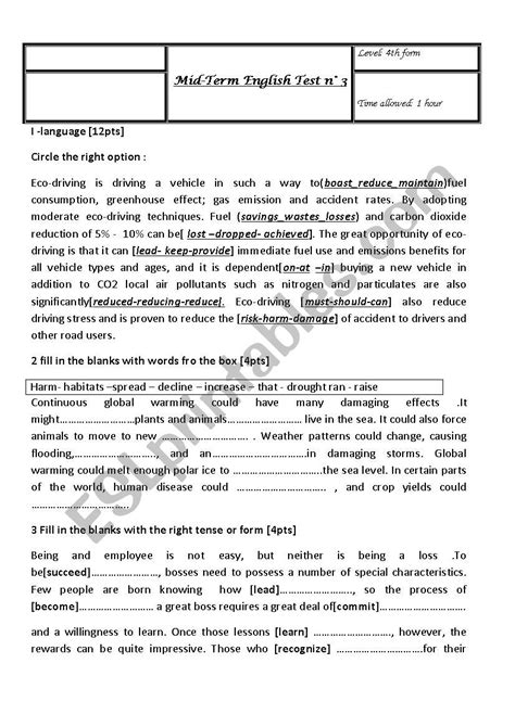 Th Form Mid Term Test N Esl Worksheet By Moniachahd