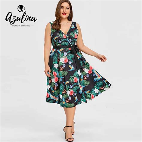 Azulina Plus Size Hawaiian Leaf Belted Midi Dress Women Sleeveless V