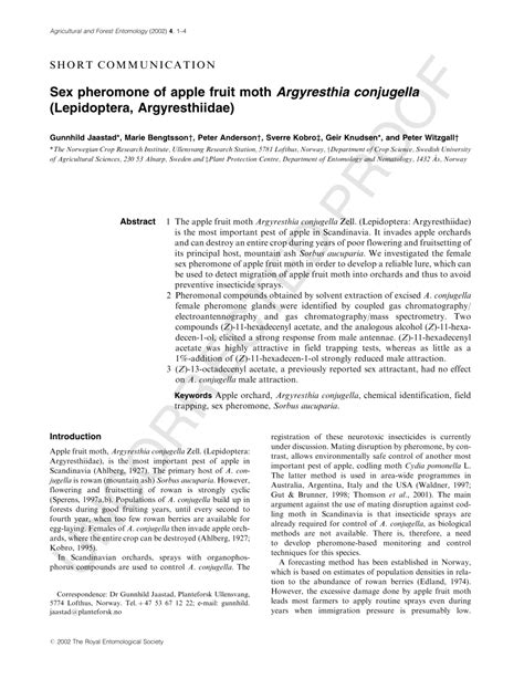 PDF Sex Pheromone Of Apple Fruit Moth Argyresthia Conjugella Lepidoptera Argyresthiidae