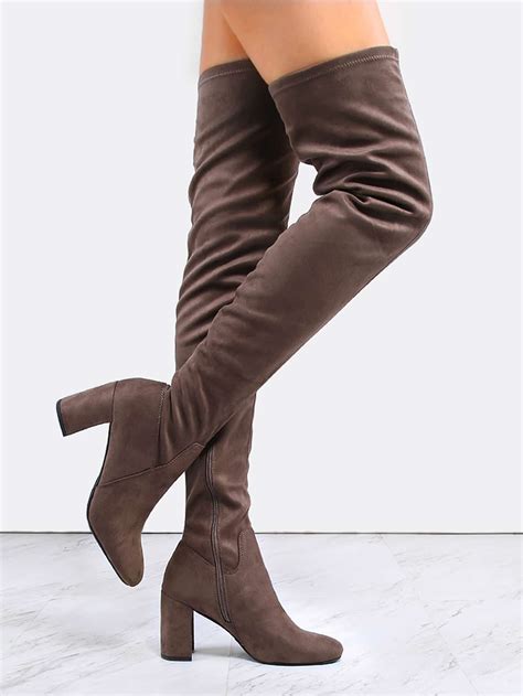 Suede Chunky Heel Thigh High Boots TAUPE SheIn Sheinside