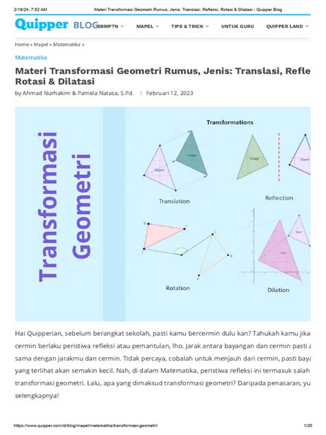 Materi Transformasi Geometri Rumus Jenis Translasi Refleksi Rotasi