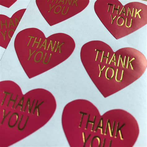 30 Heart Shaped Thank You Stickers On Glossy Hot Pink Paper With Gold