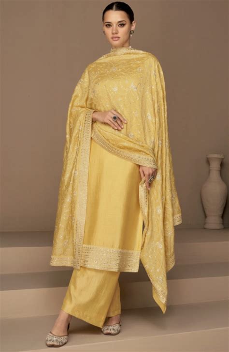 Yellow Silk Palazzo Pant Suit Salwar Kameez Designer Collection