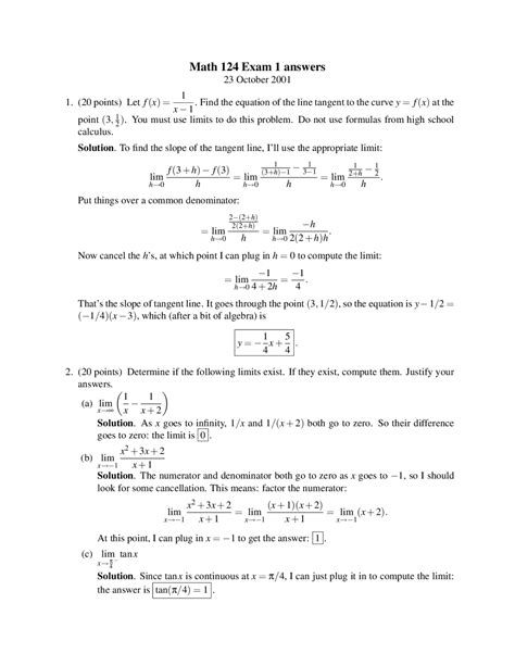 Exam 1 Questions With Solutions Calculus Analytical Geometry I Math