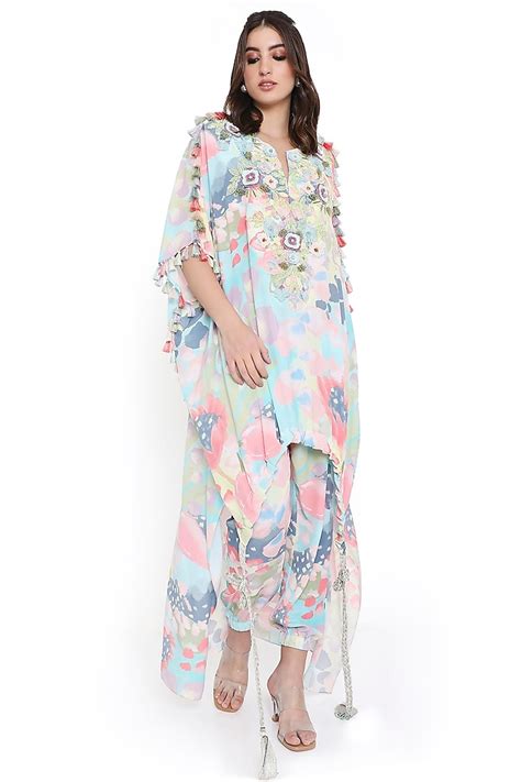 Multi Colored Crepe Printed And Embroidered High Low Kaftan Set Design By Payal Singhal At Pernia